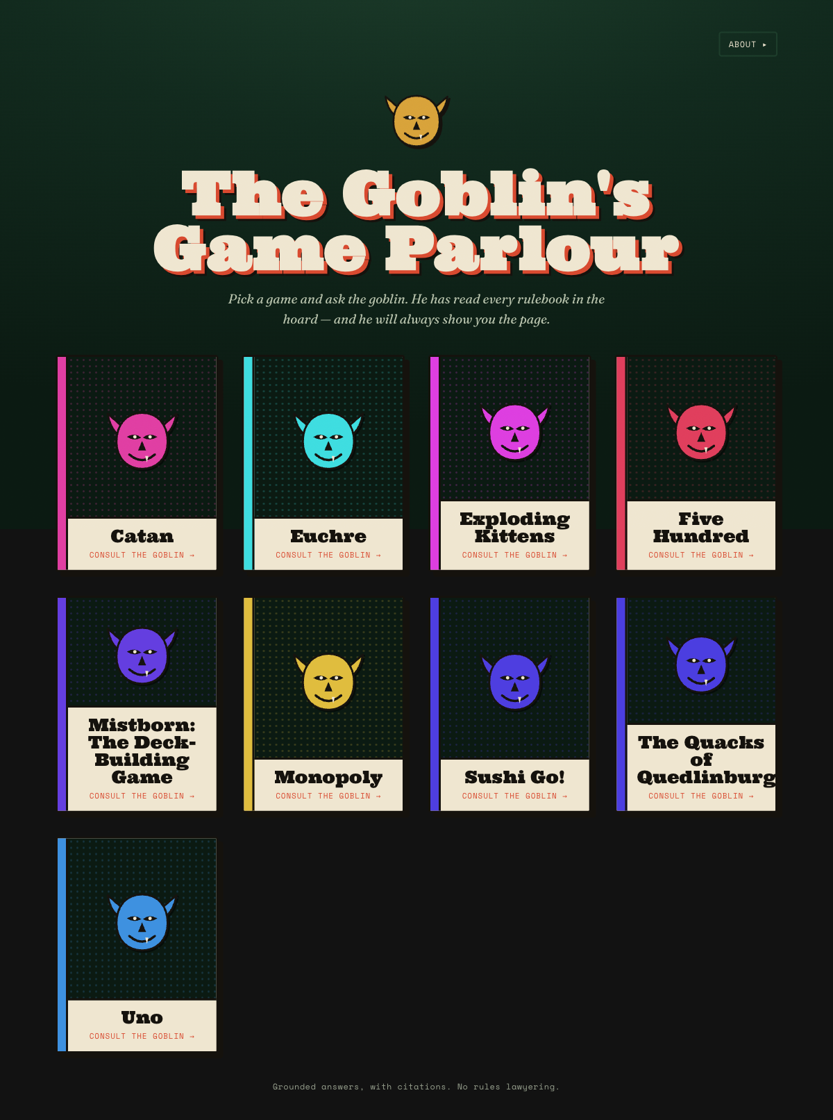 The Goblin's Game Parlour: the game catalogue, where you pick a tabletop game to ask the Rules Goblin about