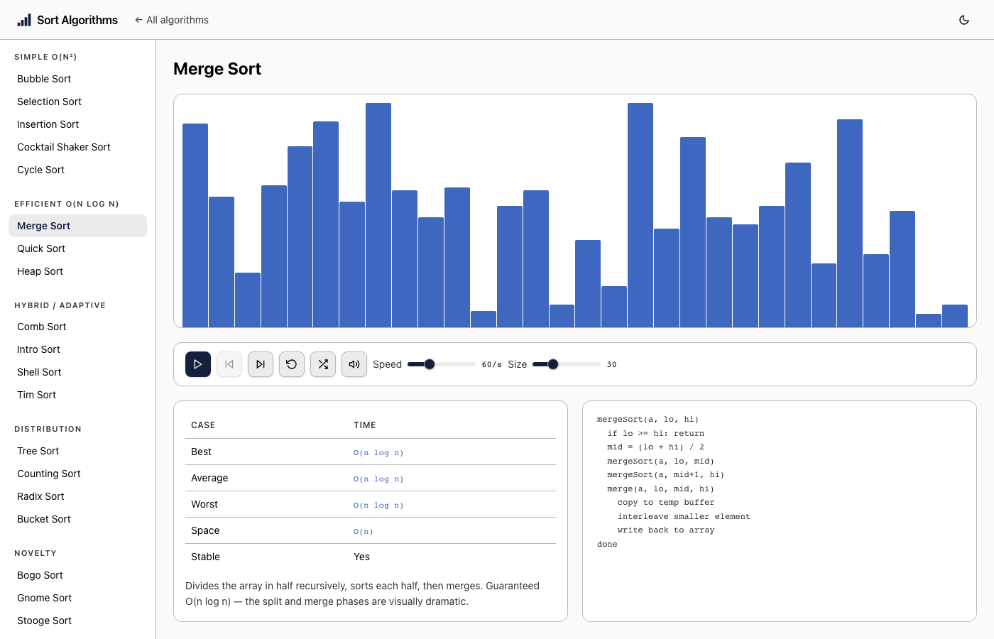 Sort Algorithms visualiser showing Merge Sort with animated bars and pseudocode